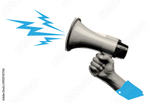 Trendy halftone collage featuring a hand holding a loudspeaker, dynamic magazine-style layout with pop-art textures, bold dots, and vibrant graphic elements conveying sound, announcement, and modern u