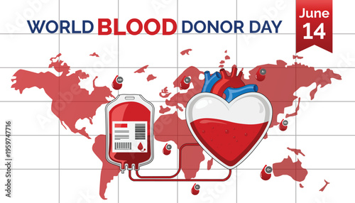 World Blood Donor Day Illustration with Heart, Blood Bag, and Global Map