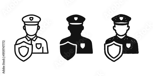 Security Guard and Protection Icon Set. Police Officer with Shield Symbol in Outline, Solid, and Hand-Drawn Styles.