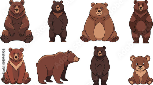 Set of bear illustrations in different poses and styles, cartoon wild animal character collection with brown bears isolated on white background for design