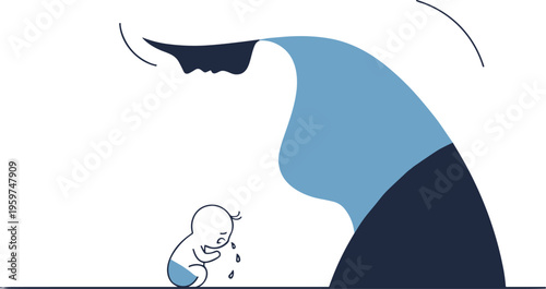 Overwhelming stress concept with crying baby and huge wave flat vector illustration anxiety pressure fear and emotional overload minimal scene