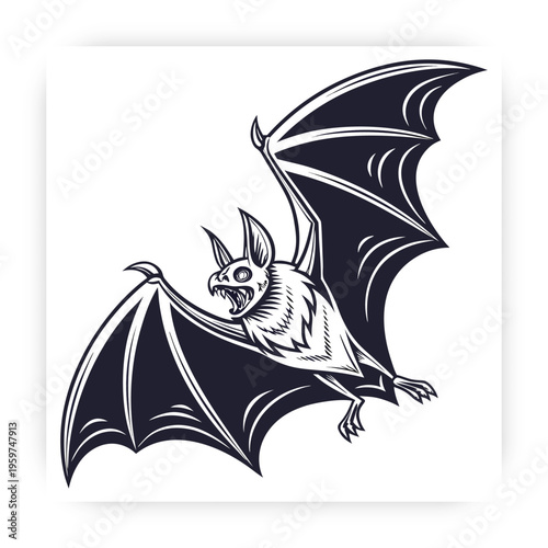 Flying Bat Silhouette Vector, Halloween Bat Clipart, Dark Gothic Animal Icon Isolated on White Background.