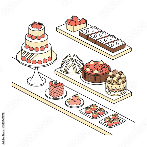 Delicious desserts, cakes, and pastries, sweet treats, bakery vector illustrations