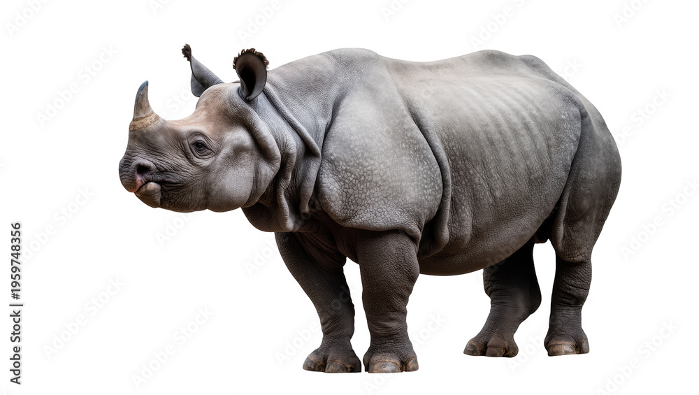 Obraz premium Powerful black rhinoceros standing majestically, showcasing its impressive horn and sturdy form