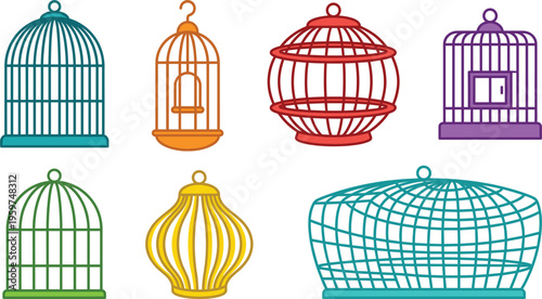Set of bird cage illustrations including vintage dome round and decorative shapes isolated colorful vector illustration for pet and home decor