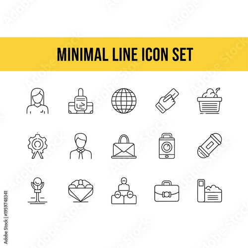 Minimalist line icon set for web design, mobile applications, and graphic projects. Includes essential symbols for business, communication, awards, and common objects