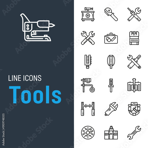 Set of detailed line vector icons featuring a wide assortment of industrial and automotive tools, ideal for graphic design projects on maintenance, repair, and engineering themes
