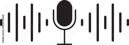 Microphone with sound waves icon, voice recognition audio recording message podcast mic symbol 