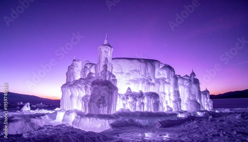 Frozen Castle Sculpture at Dusk Landscape.