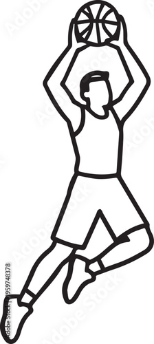 A minimalist line art captures a basketball player in mid-air, poised to shoot. It is simple but dynamic, showcasing the energy of sport.