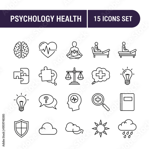 Comprehensive collection of outline icons illustrating various aspects of psychology, mental health, therapy, emotional well-being, and mind-body balance for modern design needs
