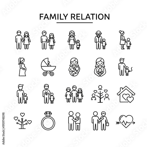 Exploring the beautiful and diverse tapestry of human connections, encompassing family relationships, love, parenthood, and life's significant milestones, presented as a comprehensive icon set