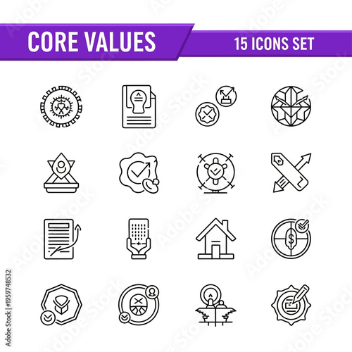 Comprehensive vector line icons set representing essential core values, business principles, and ethical standards for corporate culture, strategic planning, and organizational development projects