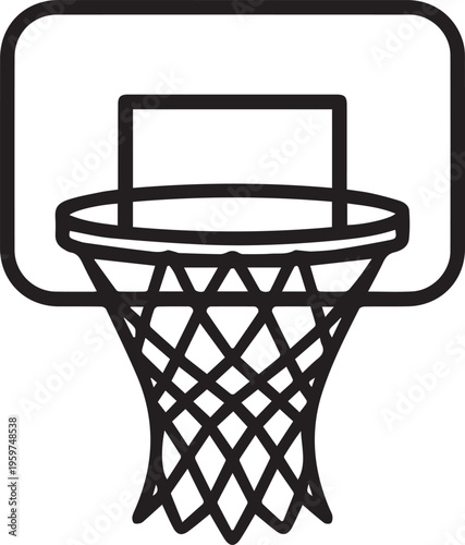 A simple line art illustration of a basketball hoop, isolated on a clean background, ideal for sports related projects, capturing the essence of the game.