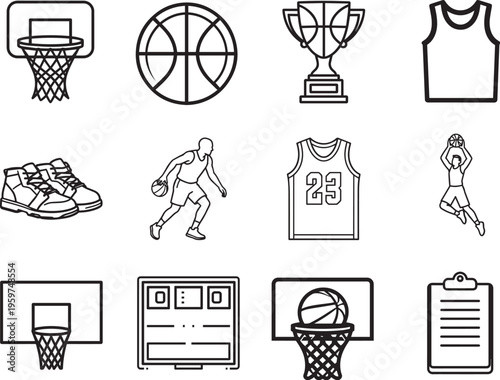 Illustrated symbols of the excitement and thrill of basketball, featuring an array of meticulously outlined iconic imagery that captures the essence of the game.