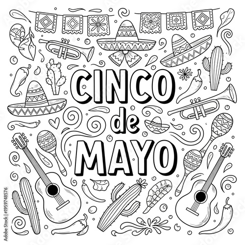 Festive Mexican Cultural Celebration Doodles for a Traditional Holiday Coloring Page, Featuring Sombreros, Musical Instruments, and Cacti Illustrations