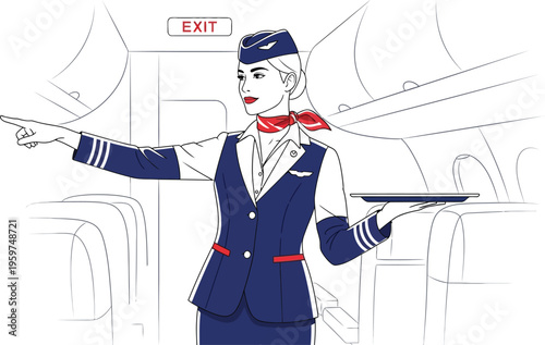 Flight attendant pointing to exit with a tray in hand on airplane