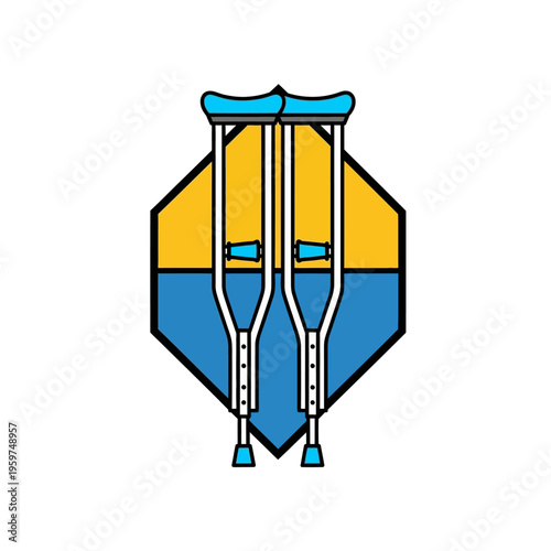 A graphic illustration of a pair of crutches over a yellow and blue shield emblem, symbolizing support and recovery