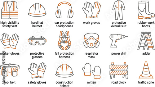 Comprehensive vector icon set featuring labeled construction safety equipment including high visibility vests helmets gloves and tools.
