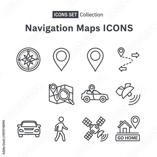Collection of Navigation and Maps Icons Featuring Location Markers, Directions, Vehicles, and Travel Symbols