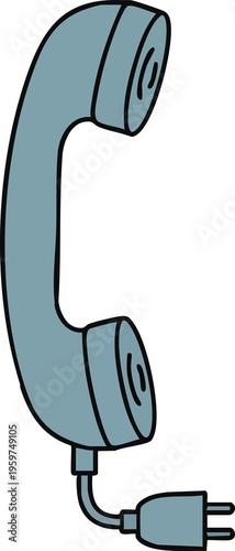Flat illustration of a vintage-style blue telephone handset with an attached plug, isolated on a white background.
