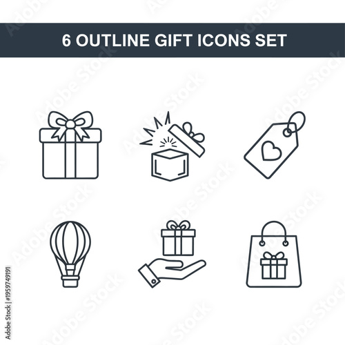 Set of 6 outline icons representing gifts, shopping, and celebration with a hot air balloon