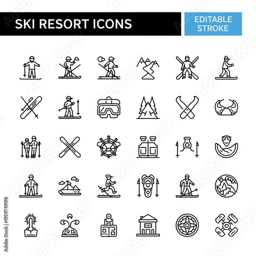 Diverse collection of editable stroke line icons representing ski resort activities, winter sports, mountain leisure, and alpine equipment for web, app, and graphic design