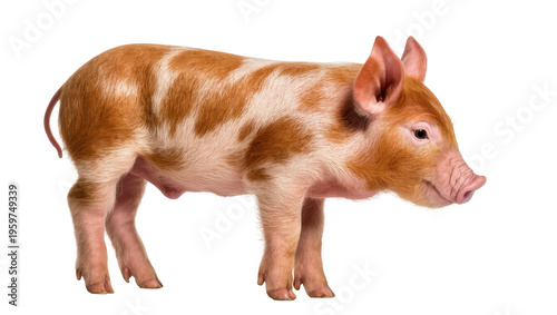 Canvas Print Adorable spotted piglet standing in profile, a charming young brown and white fa