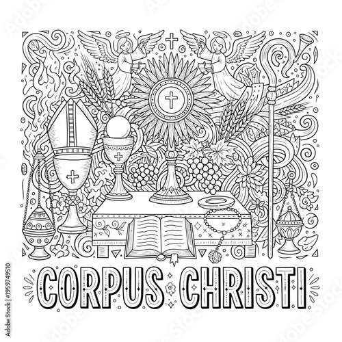 Intricate line art depicting sacred Catholic symbols for Corpus Christi. Features Eucharist monstrance, chalice, bishop's mitre, angels, wheat, and grapes in a solemn ceremonial display