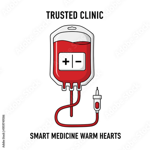 Graphic illustration of a blood donation bag connected to an IV drip, symbolizing medical care, humanitarian aid, and life-saving transfusions in a healthcare environment
