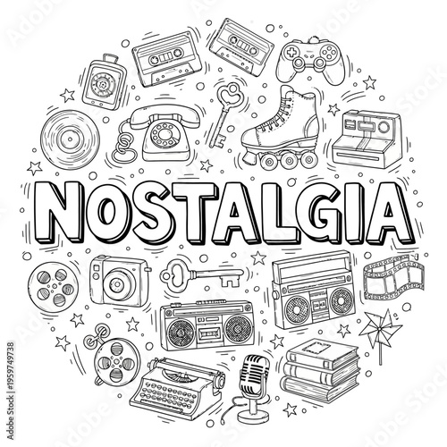 A Circular Illustration Celebrating Nostalgia with Vintage Icons and Retro Items, Evoking Fond Memories of the Past