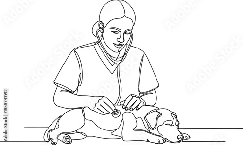 Woman sitting with a dog receiving a veterinary examination or care service