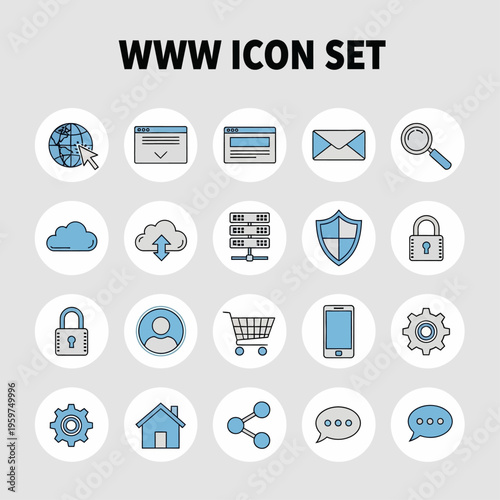 Collection of various web and internet icons representing global connectivity, communication, security, and digital services for online platforms and applications