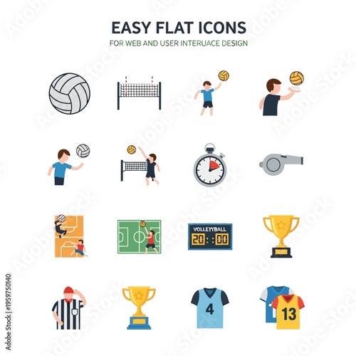 Versatile set of flat volleyball vector icons for web and UI design, ideal for sports applications and digital projects requiring clear, intuitive graphics