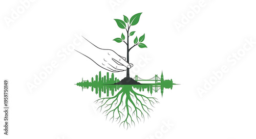A hand nurturing a young plant with green leaves and roots growing in a sound wave pattern, symbolizing growth and harmony.