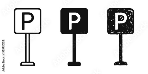 Parking sign icon set. "P" for parking lot or zone symbol in different styles.