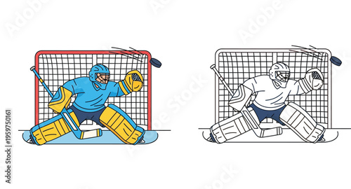 Ice Hockey Goaltender Character in Action Defending Goal Post with Puck Vector Flat Illustration and Line Art Outline Set for Sports Competition Design and Coloring Book