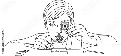 Woman examining a diamond with a magnifying glass closely