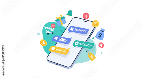 Mobile Shopping E-commerce App Concept with Price Drop, Wishlist, and Delivery Notifications