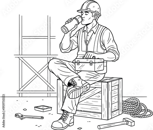 Construction worker taking a break on a wooden crate