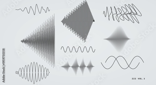 Collection of various sound waves and audio frequency vibration patterns in black ink lines on a light gray background texture