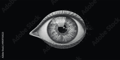Human eye close up stipple art illustration featuring detailed iris and eyelashes isolated on a solid black background for vision