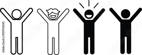 Four stick figures celebrating with arms raised in joy and excitement