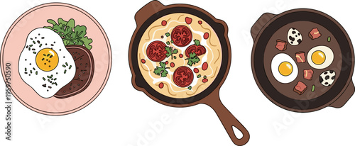 Breakfast Food Vector Set with Fried Eggs, Pancakes, Sausages, and Traditional Morning Meals in Plates and Pans Isolated on White Background