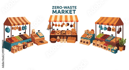 A colorful vector illustration of a zero-waste market with three stalls selling fresh produce and eco-friendly products