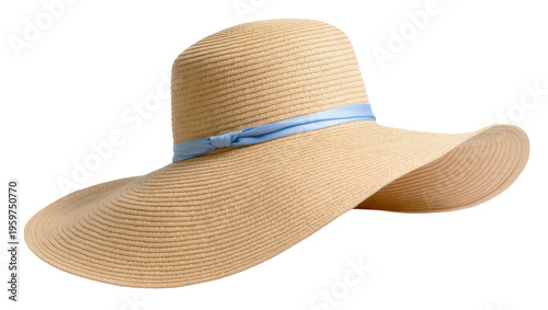 Φωτογραφία Fashionable beige straw sun hat featuring a light blue ribbon detail, summer acc