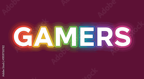 Colorful word GAMERS with rainbow neon glow on dark purple background, gaming concept