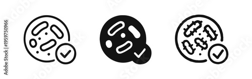 Bacteria or microbes with checkmark icon set. Good bacteria, test result or approval symbol.