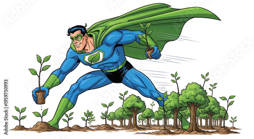 A superhero in a blue and green costume is planting trees in a forest.