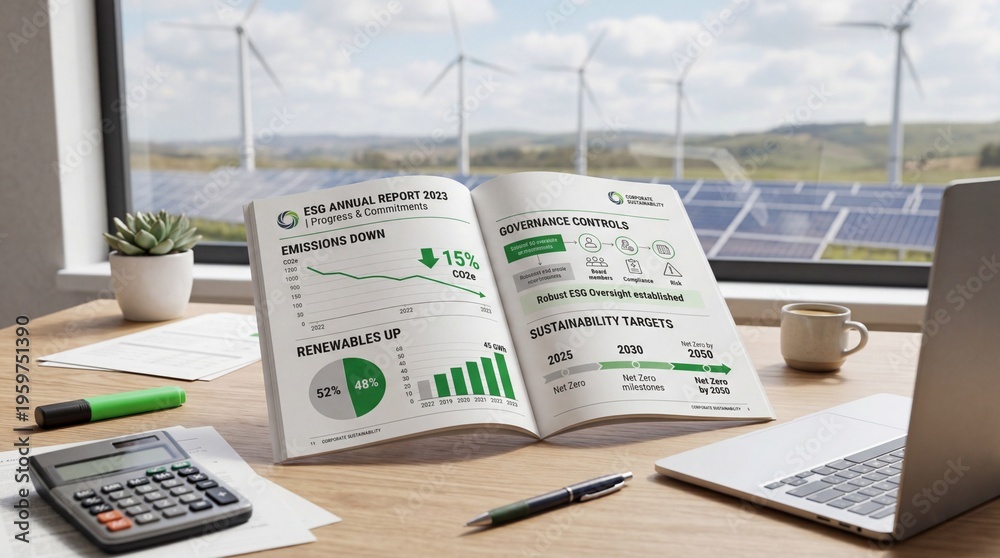 Obraz premium A modern office desk with an open report and laptop overlooking a sustainable energy farm with wind turbines and solar panels